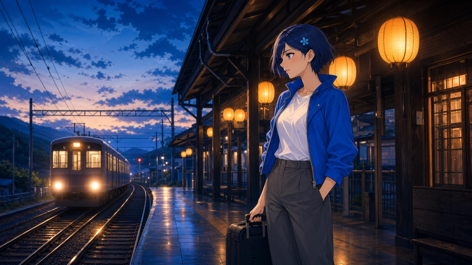 Concept illustration: the written setting imagined as a train station at dusk.