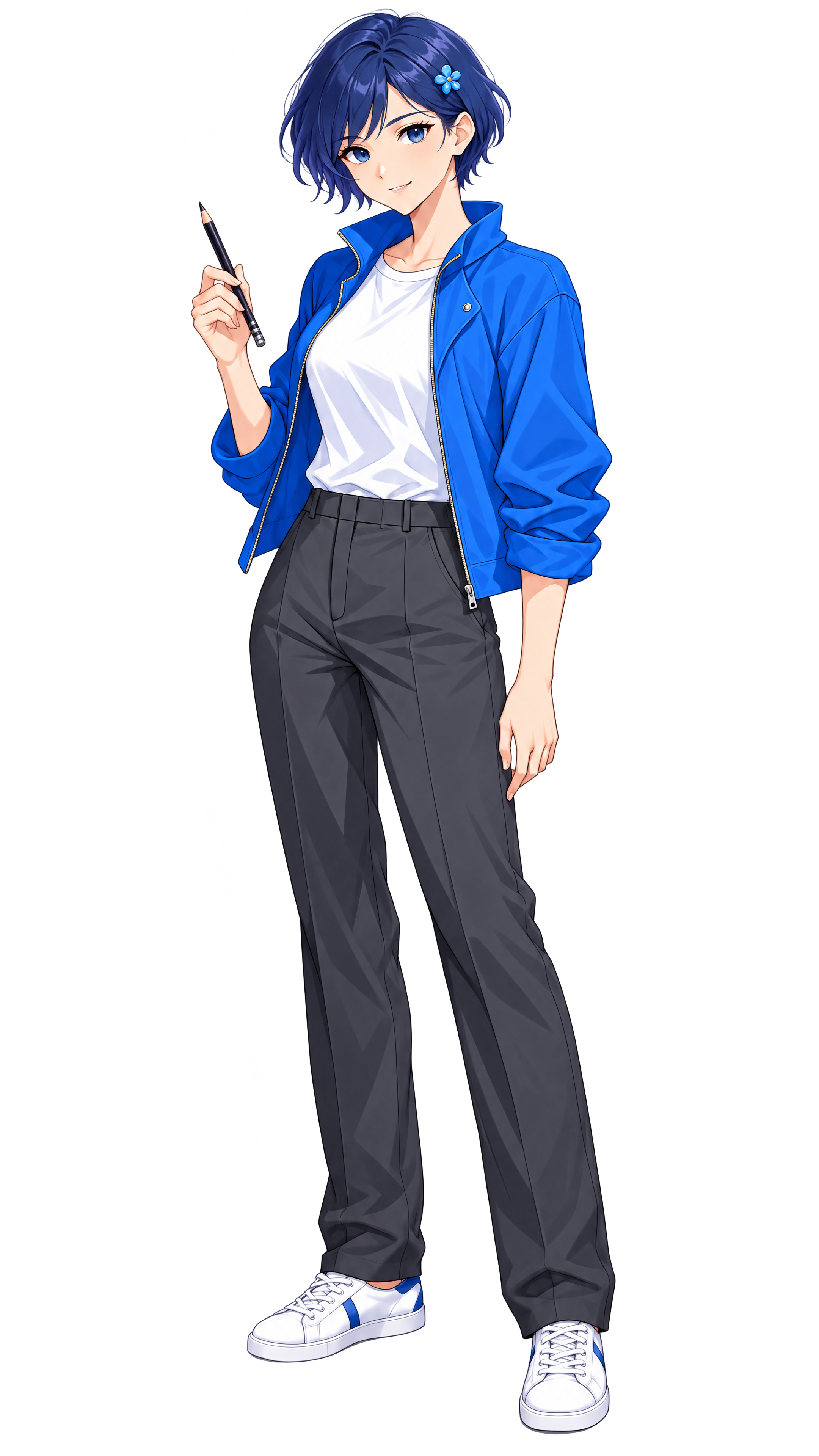 The same character in a blue jacket, dark trousers and blue-and-white sneakers.